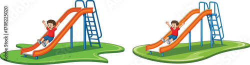 Vector illustration of happy child sliding on playground slide, kids outdoor activity, fun, joy, childhood entertainment, recreation, amusement, park play, happiness