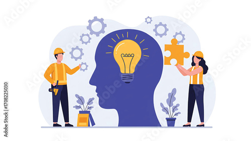 Two construction workers collaborate to build an idea, symbolized by a lightbulb within a head silhouette, surrounded by gears and puzzle pieces.