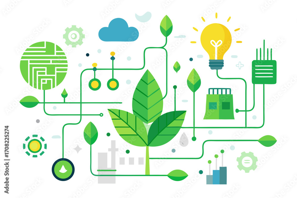 Fototapeta premium Vibrant green energy ecosystem concept with leaves, lightbulb, and factory connections for sustainability
