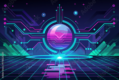 Energetic futuristic neon grid with glowing circuit patterns and digital sphere, vibrant technology aesthetic