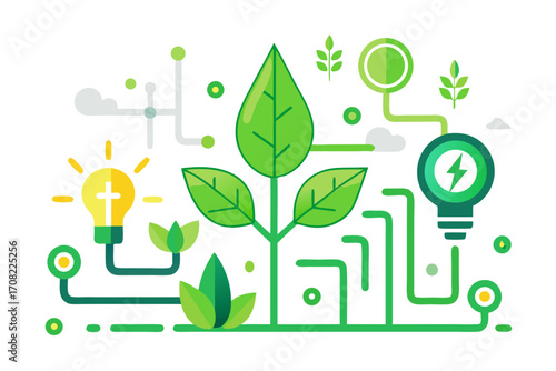 Sustainable energy concept illustration featuring light bulbs and green leaves symbolizing eco power