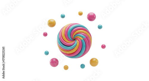 This delightful abstract graphic presents a captivating spiral of pink, yellow, and blue hues, encircled by whimsical floating spheres, evoking a sense of sweet joy.