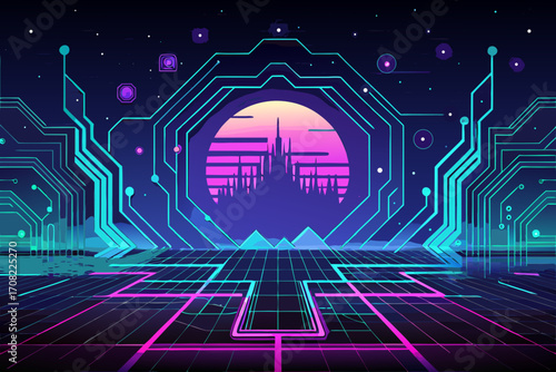Futuristic city skyline with vibrant circuit board accents creating a modern tech aesthetic