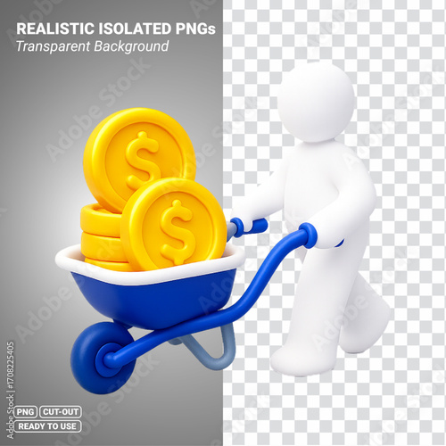 3D Person Pushing Wheelbarrow Full of Gold Coins Transparent PNG file ready to be used.
