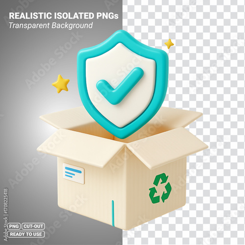 3D Shield Checkmark in Open Shipping Box Transparent PNG file ready to be used.
