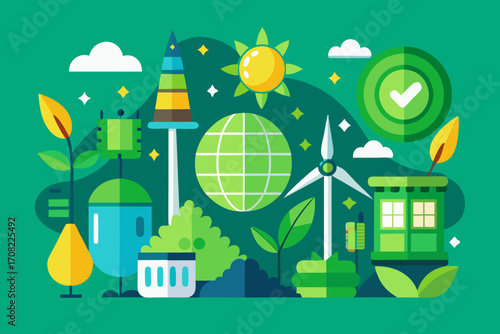 Embrace sustainability with this vibrant illustration of renewable energy and eco-friendly solutions now