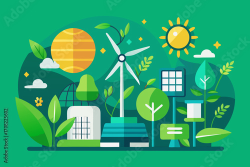 Vibrant eco-friendly energy scene featuring wind turbine, solar panel, and lush greenery design