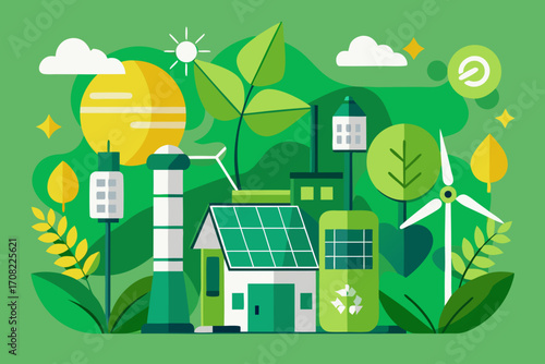 Sustainable living concept with wind turbines, solar panels, and green initiatives for a healthy planet