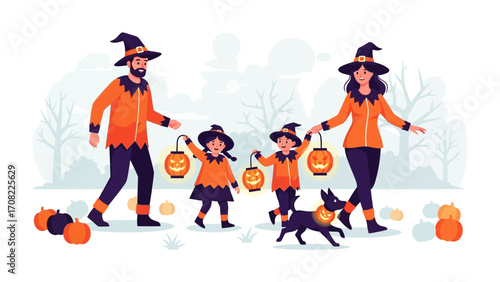 Spooktacular Family Outing on Halloween: A cartoonish, idyllic scene of a family in Halloween costume, carrying lanterns, strolling through a whimsical pumpkin-scattered landscape.