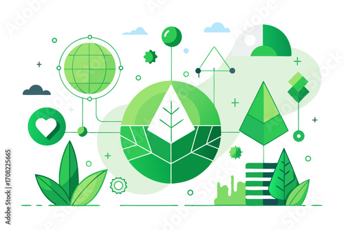 Modern environmental illustration showing connection between earth, heart and nature