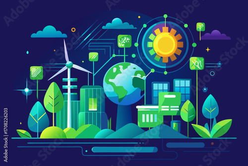 Sustainable city concept art with wind turbines and nature, clean energy for future generation