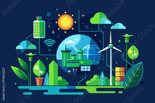 Dynamic illustration of sustainable energy sources powering a greener future, nature and technology