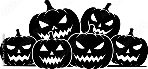 Sinister group of six spooky Halloween jack-o-lanterns with evil glowing faces shown as a black silhouette stencil design