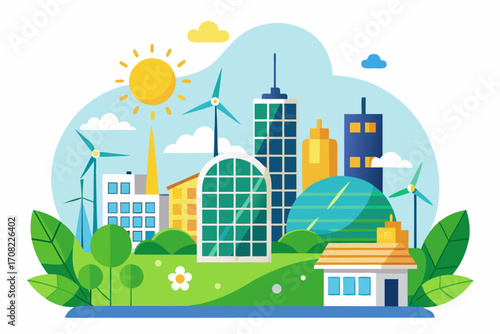 Vibrant eco city illustration promoting green energy and sustainable living for a brighter future