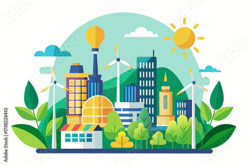 Sustainable cityscape with wind turbines and sun showcasing green energy solutions for businesses