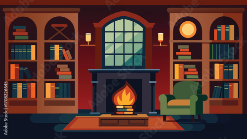 Cozy victorian library with fireplace and books vector illustration for interior design