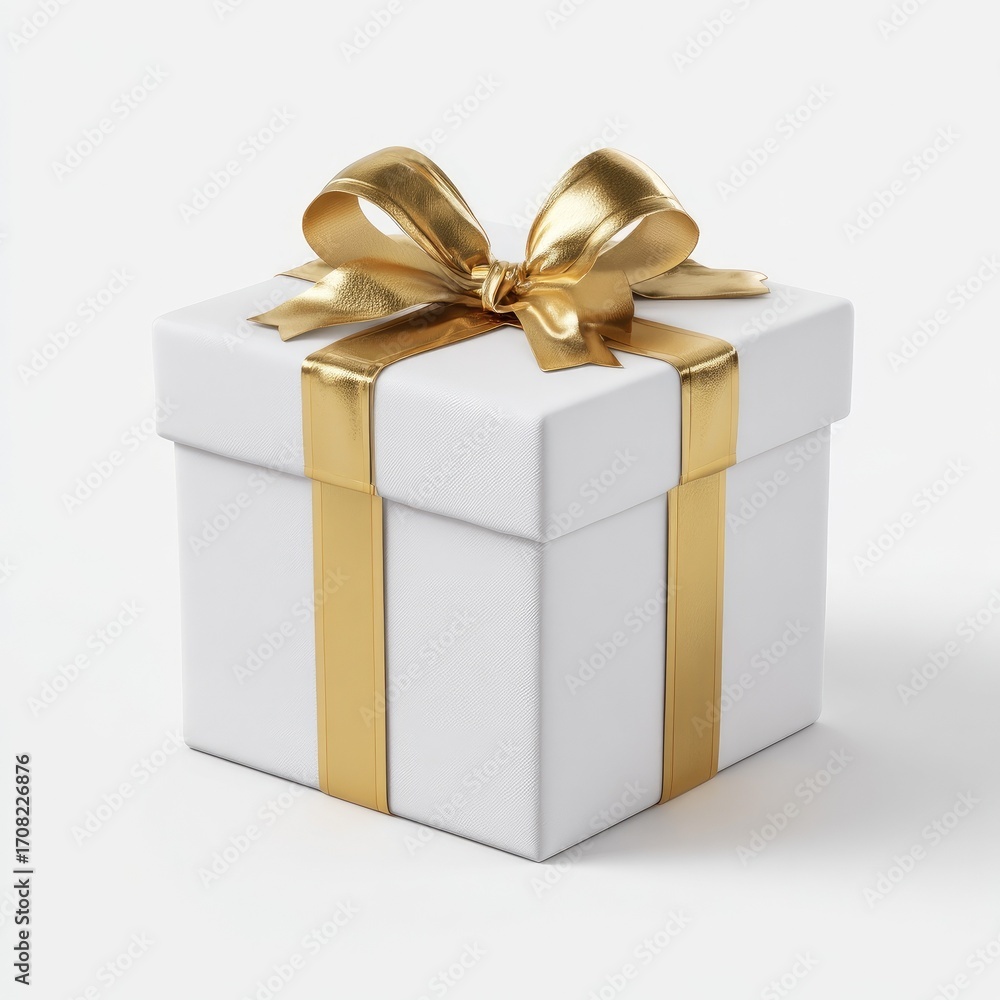 Obraz premium Square white gift box with gold ribbon and bow