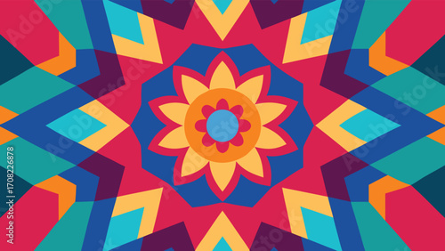 Vibrant Geometric Kaleidoscope Pattern in Multiple Colors Keywords: abstract, geometric, pattern, kaleidoscope, design, art, graphic, colorful, symmetrical, vibrant, red, blue, yellow, orange