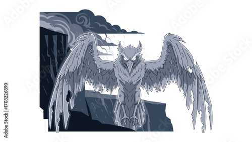 Majestic Owl Guardian: An illustration showcasing a formidable owl, exuding an aura of wisdom and vigilance, perched against a background of cliffs and stormy clouds.
