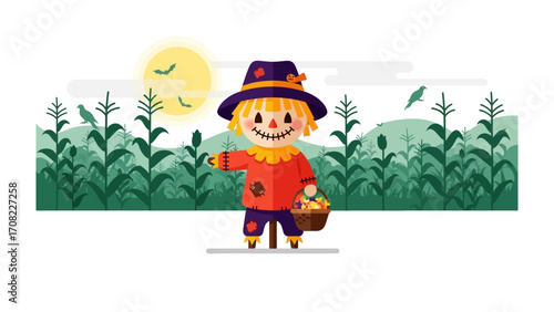 Harvest Time Charm: A whimsical, cheerful scarecrow stands proudly in front of lush cornfields under the warmth of the sun.  A touch of idyllic autumn.