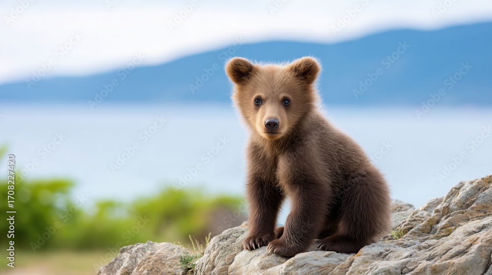 Obraz premium A cute brown bear cub sits on a rock overlooking a serene lake and distant mountains.