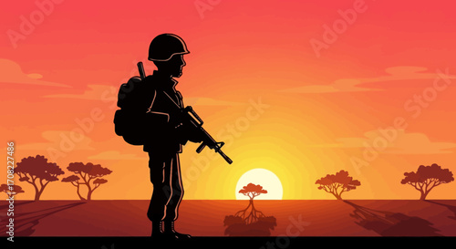Silhouette of a soldier with a rifle against a sunset landscape.
