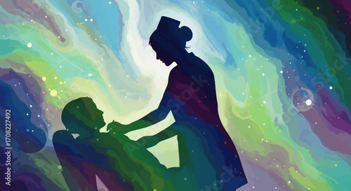 A compassionate nurse tending to a patient, depicted in a stylized, colorful abstract painting.