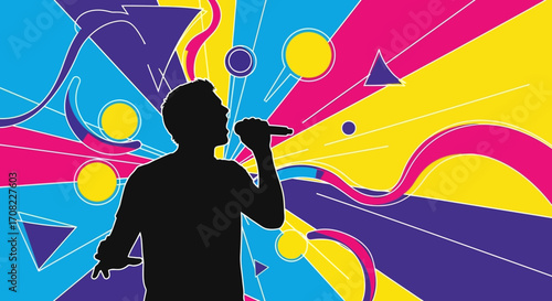 Silhouette of a singer performing with a microphone against a vibrant, abstract background of geometric shapes and colorful lines.
