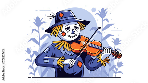 Melancholy of Scarecrow: A whimsical depiction of a scarecrow, seemingly lost in thought, playing the violin amidst the backdrop of a vibrant field, capturing the poignant essence of art and life