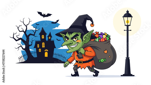 Halloween Goblin's Nightly Haul: A mischievous goblin, cloaked in a festive hat and costume, stealthily makes off with a generous sack of treats under the cover of night.