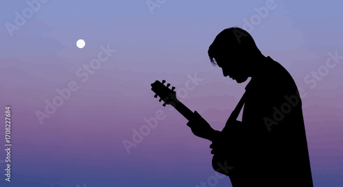 Silhouette of a person playing guitar under a moonlit sky, creating a serene atmosphere.
