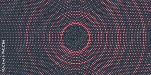 Circular Halftone Pattern Concentric Circles Frame Vector Red Black Colour Abstract Background. Mod Minimalist Art Half Tone Graphics Rippled Structure. Retro Futurism Technology Art Illustration