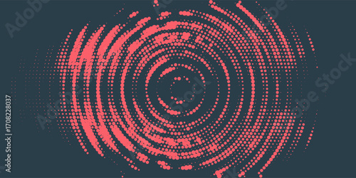 Circular Halftone Pattern Concentric Circles Frame Vector Red Black Colour Abstract Background. Mod Minimalist Art Half Tone Graphics Rippled Structure. Retro Futurism Technology Art Illustration