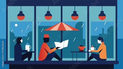 Cozy parisian cafe scene on a rainy day vector illustration people enjoying warmth inside