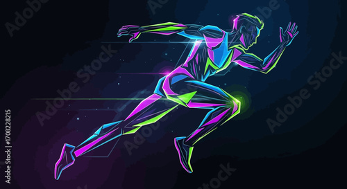 A stylized, abstract illustration of a runner in motion, depicted with vibrant neon geometric shapes and lines against a dark background.