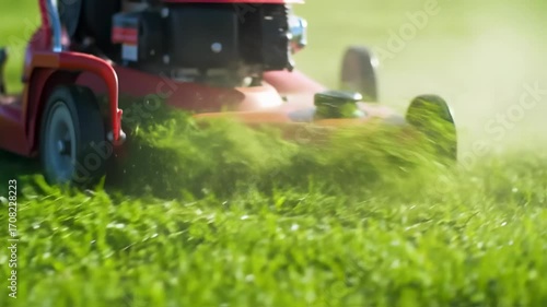 Lawn Mowing in Action: A Close-Up View of Grass Cutting, Maintenance and Care