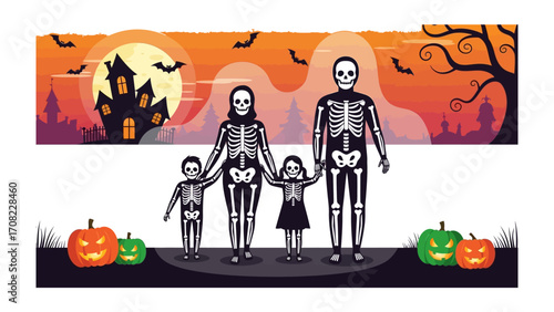 Spooky Skeleton Family Portrait: A skeletal family, complete with spooky costumes, enjoys a festive Halloween evening, set against a haunted house and pumpkin backdrop.