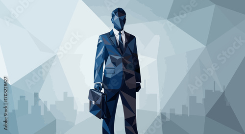 Abstract businessman in suit with briefcase against geometric background.