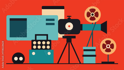 Vintage photography studio scene with old cameras and film reels vector illustration