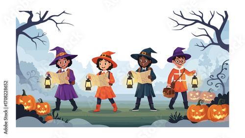 Halloween Explorer's Map: Four young explorers, dressed as witches, gather in the autumn landscape, each holding a map and lantern. pumpkins in the foreground