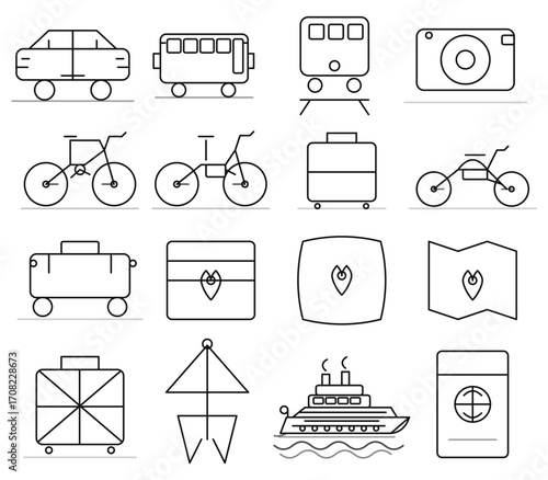 Transportation Travel Icons Set – Car, Bus, Train, Bicycle, Luggage, Passport, Ship, Map