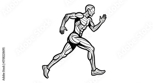 Muscular man sprinting, detailed anatomical sketch.