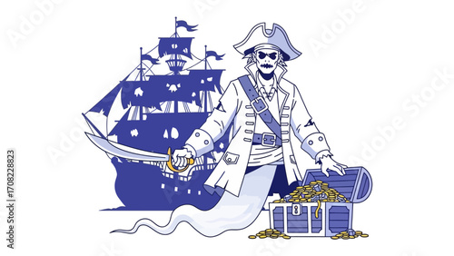 The spectral Pirate: A spectral pirate with a saber and a treasure chest. He is standing near a sailing ship, and ready to take treasure in this illustration of pirate. 