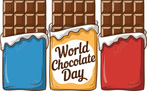 Three delicious chocolate bars wrapped in colorful foil, celebrating World Chocolate Day with joy