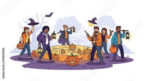 Spooky Night Adventure: A gathering of people embracing the thrill of Halloween with costumes, jack-o'-lanterns, and lanterns within a maze for an evening of memorable enchantment. 