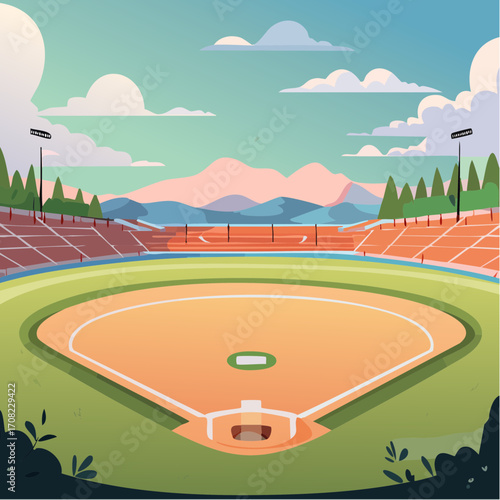 Empty baseball field ready for the game with nobody in the stands.