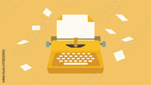 Vintage yellow typewriter with scattered yellowed pages nostalgic retro writing illustration