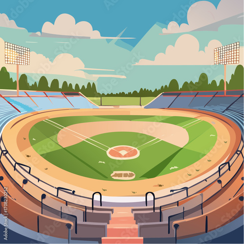 Empty baseball field ready for the game with nobody in the stands.