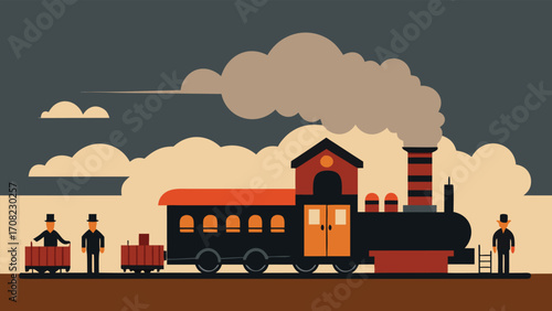 Vintage train station scene with passengers boarding steam locomotive illustration