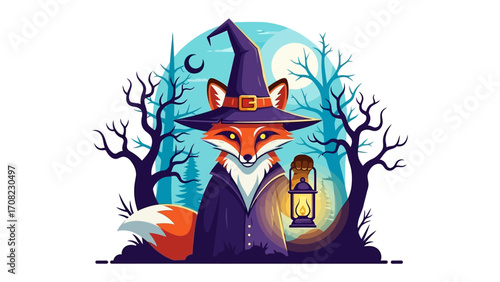 Enchanted Fox with Lantern in Spooky Forest: A whimsical illustration features a sly fox donning a witch hat and cloak, holding a lantern, set against a mystical backdrop of a moonlit, eerie forest.